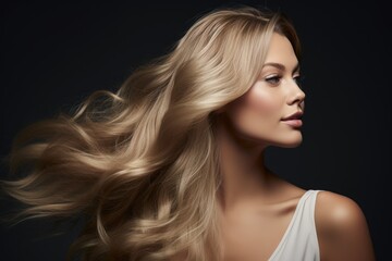 Naklejka premium beautiful young woman with amazing blonde hair - beauty/haircare advertisement template (Generative AI)