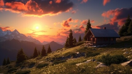 A small wooden house is located at the foot of the mountain, with its back to the sunrise in the east, panning. Generative AI