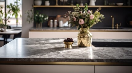close ups of a stylish kitchen island in a cozy studio with a modern elegant interior