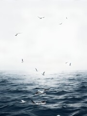Minimalistic ocean with seagulls. Blue calm water and bright sky. AI generated