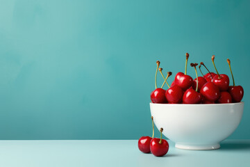 Cherries in a bowl on blue background