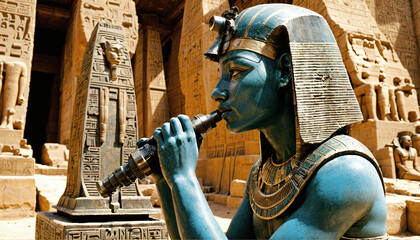 blue skin ancient Egyptian playing myster, curved pillars with hieroglyphs in background, generative AI - obrazy, fototapety, plakaty