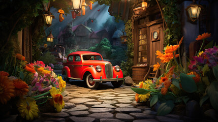Vintage retro classic red car in a fairy tale scene, beautiful flowers, trees and rich foliage, 3d rendering