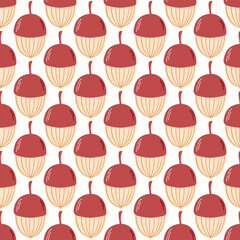 Seamless pattern of doodle forest acorns on isolated background. Hand drawn background for Autumn harvest holiday, Thanksgiving, Halloween, seasonal, textile, scrapbooking.