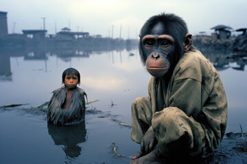 Little boy with his monkey friend