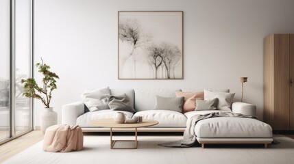 Scandinavian style living room with a modern mock up poster frame.