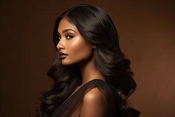 Naklejka premium beautiful young dark skinned woman with amazing brunette hair - beauty/skin care advertisement template (Generative AI)