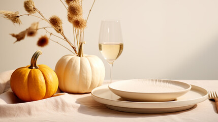 Table setting with pumpkins and wine on light background, closeup