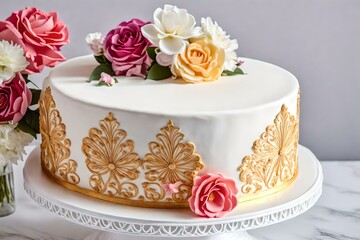 Obraz na płótnie Canvas A fondant cake with a stand, beautifully crafted and intricately designed. The cake is a masterpiece, adorned with delicate fondant flowers and elegant patterns