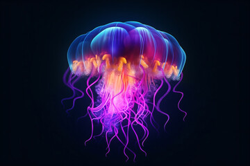 a jellyfish with a purple and yellow tail - Powered by Adobe