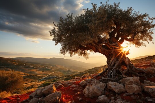 olive tree at sunset in a mediterranean countryside
