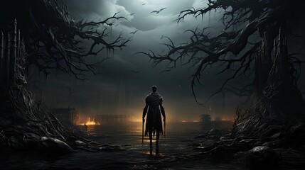 Fototapeta premium Dark fantasy landscape. Horror scene. Hellfire landscape. Halloween.