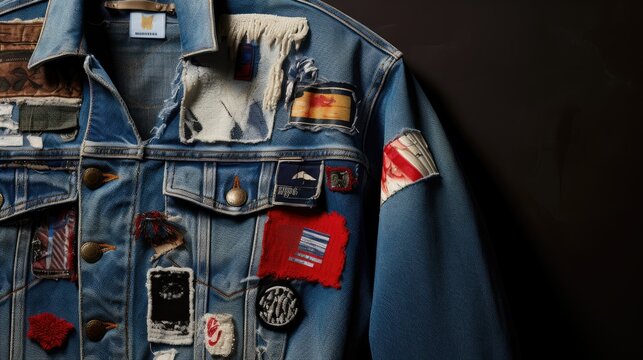 Image of a vintage denim jacket embellished with patches and embroidery.