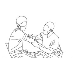 Young male doctor giving vaccine injection to cure sick male patient at hospital. Medical health care treatment 
concept Line art drawing isolated on a white background.