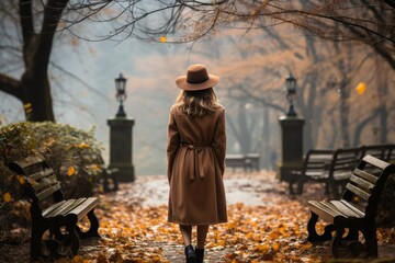 Fototapeta premium melancholy young woman in a bucolic park on a dreary autumn day