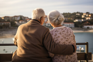 Fototapeta premium Elderly couple sitting on bench, Mature man and woman resting in the park 