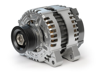 Automotive power generating alternator, generator isolated on white  Car parts and car repair service.