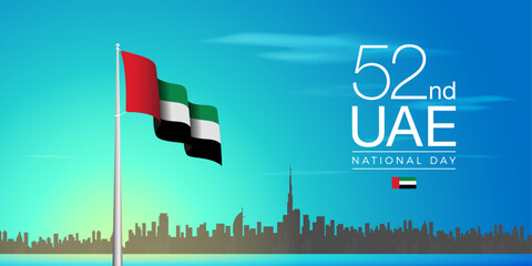 United Arab Emirates 52nd National Day Banner with the Cityscape and Flag on Sunrise Background Vector.
