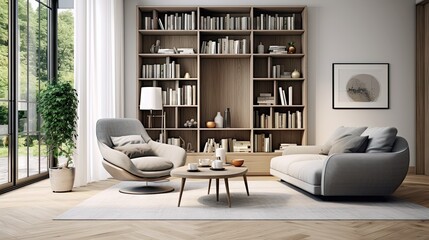 contemporary living room with white walls, wooden floor, gray armchair by round coffee table and wooden bookcase.