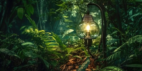 sztuka komputerowa pokazujaca zielona energie w naturze przez pryzmat żarówki.  - obrazy, fototapety, plakaty