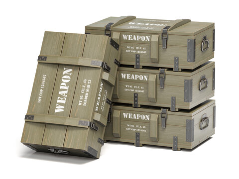 Military wooden crates with weapon and army ammunition isolated on white.