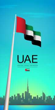 United Arab Emirates 52nd National Day Text Banner with Flag and Cityscape Background Vector.