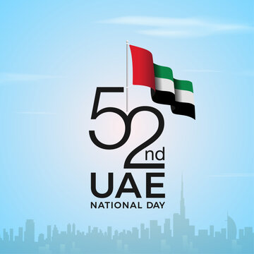United Arab Emirates 52nd National Day Text Banner with Flag and Cityscape Background Vector.
