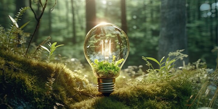 sztuka komputerowa pokazujaca zielona energie w naturze przez pryzmat żar&oacute;wki. 