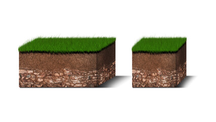 Isometric Soil Layers diagram, Cross section of green grass and underground soil layers beneath,...