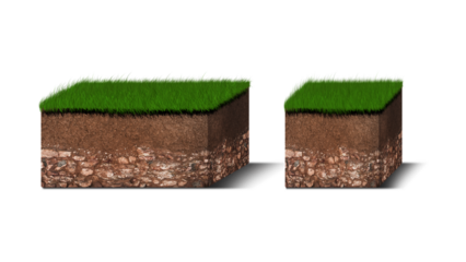 Isometric Soil Layers diagram, Cross section of green grass and underground soil layers beneath, stratum of organic, minerals, sand, clay, Isometric soil layers.