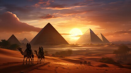 Pyramids in the desert and camels passing by at sunset created with Generative AI - Powered by Adobe