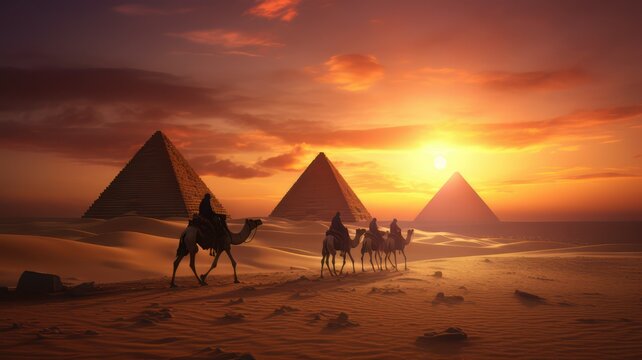 Pyramids in the desert and camels passing by at sunset created with Generative AI