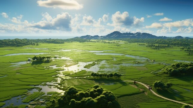 Green rice field is shining in the sun, fisheye photography. From a bird's eye view. Generative AI