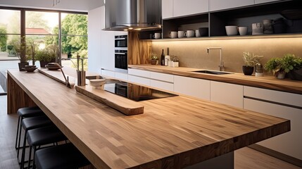 Contemporary kitchen with wooden countertop. - obrazy, fototapety, plakaty