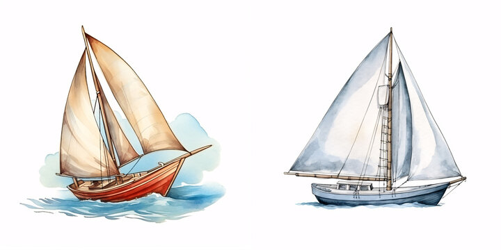 Hand drawn watercolor painted sailboat isolated on white background. Sailing illustration.