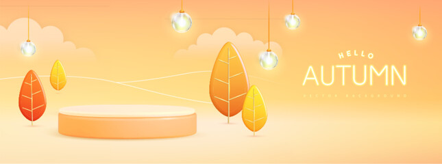 Hello Autumn background with 3D plastic stage and landscape with trees and clouds. Vector illustration