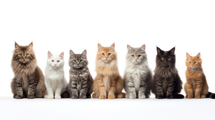 Group of sitting cats of different breeds on a white background - obrazy, fototapety, plakaty