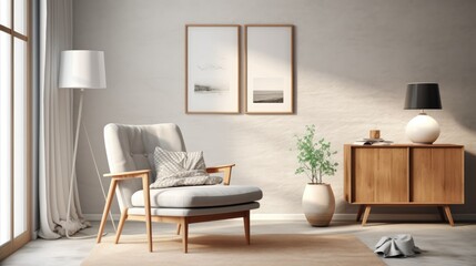 Modern Scandinavian living room with armchair, poster frame, commode, wooden stool, lamp, decoration, loft wall, and personal accessories.