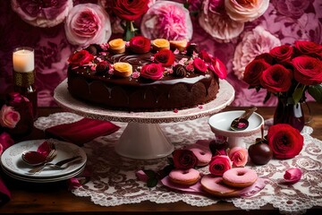 Obraz na płótnie Canvas A fondant cake with a stand, beautifully crafted and intricately designed. The cake is a masterpiece, adorned with delicate fondant flowers and elegant patterns