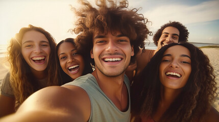 Obraz premium AI generated, selfie of a Group of happy friend on the beach, realistic photo, friends having fun at the beach, multiracial