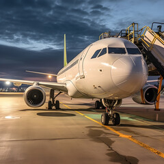 Fototapeta premium busy scene at the airport as a commercial aircraft prepares for takeoff, with passengers and ground crew in action.