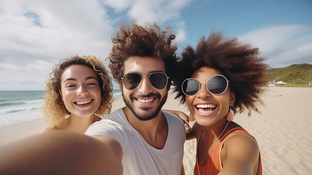 AI generated, selfie of a Group of happy friend on the beach, realistic photo, friends having fun at the beach, multiracial