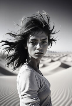 immagine primo piano di giovane affascinante donna in abbigliamento casual, ambientazione desertica con sabbia e dune, capelli scompigliati dal vento