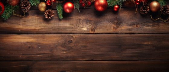Naklejka premium wooden background with christmas baubles and pine cones