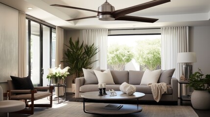 Low angle view of a modern ceiling fan in a chic living room