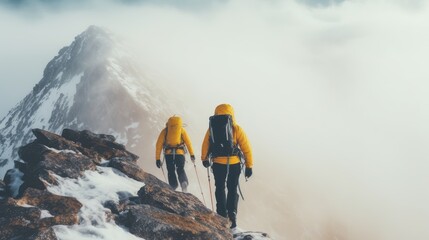 Two climbers climb to the top of a snowy mountain. Professional hiking. Climbing team. Tourism or...
