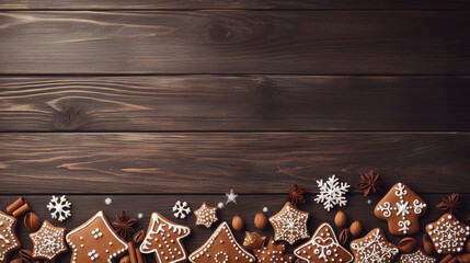 christmas background with snowflakes and gingerbread with copy space