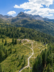 Scenic aerial view of hiking trail leading toward alpine mountains through green pine forest with blue sky