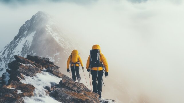 Two climbers climb to the top of a snowy mountain. Professional hiking. Climbing team. Tourism or sport life style concept. Illustration for cover, card, postcard, interior design, decor or print.