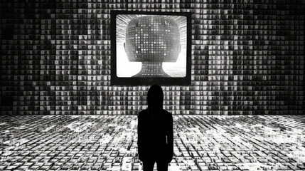 sztuka komputerowa człowieka który traci duchowość przez system  i telewizję - obrazy, fototapety, plakaty